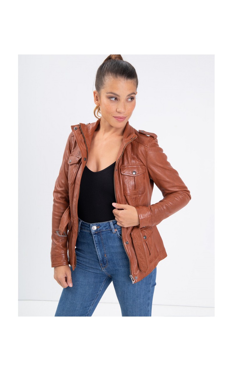 Veste en online cuir cognac